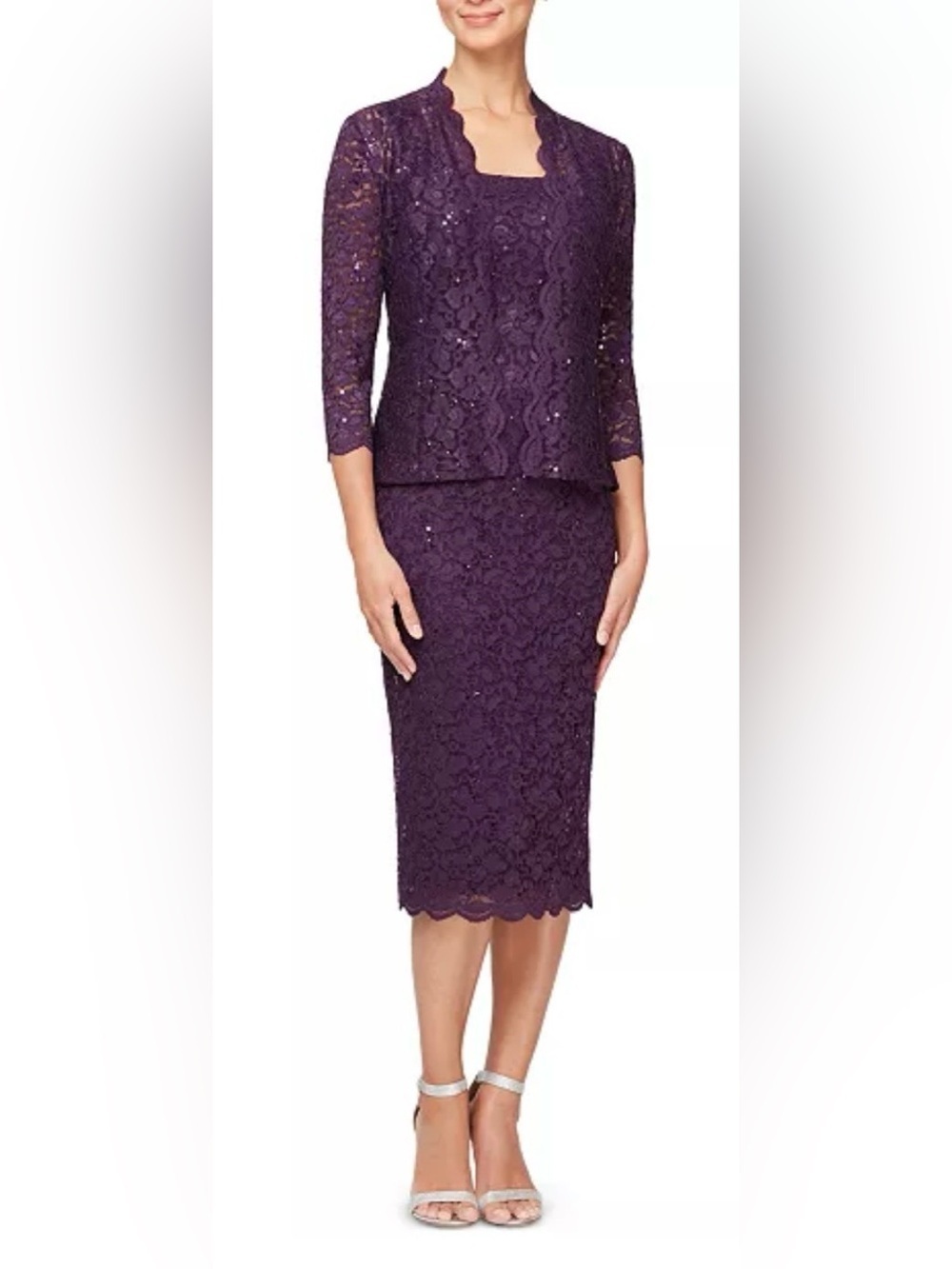 SLNY 2-Piece Lace Jacket & Midi Dress Set (0201)